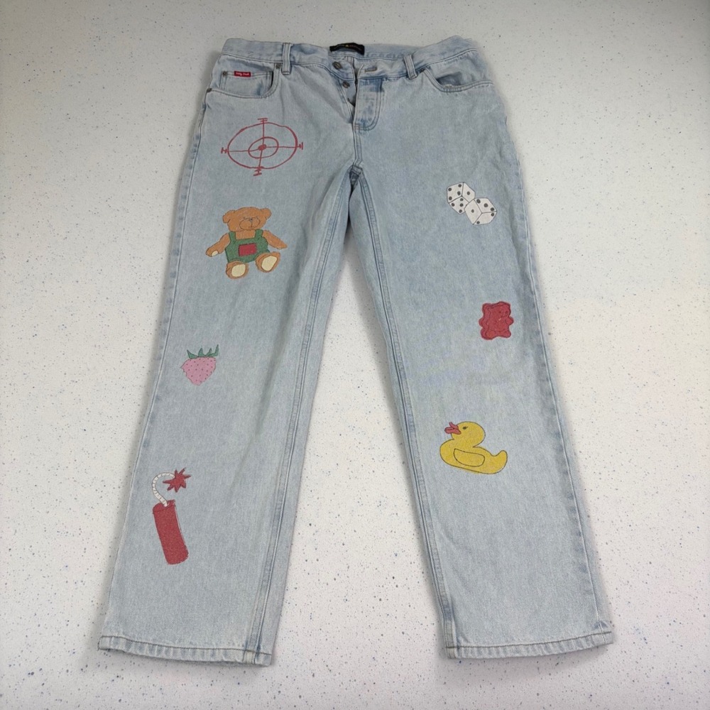 Teddy Fresh Mens Light Wash Denim Jeans Streetwear Y2K Graphics Funky Size‎ 34